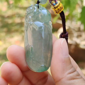 Premium Quality Icy Translucent Green with Green Patches Natural Type A Jadeite Jade crafted with Squirrel and Ruyi as Pendant certificate weigh 17.83 grams measurement 49.3 * 21 * 9.3 mm (pendant225)