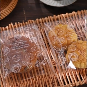 100pcs Plastic Cookie Bag Breads Design with Adhesive Pastry Bag Plastic Food Packaging Donut Food Bag