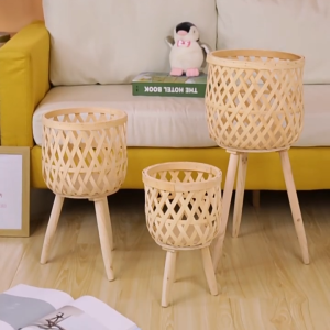 Wooden Standing Leg Bamboo Woven Planter Home Garden Decoration Display Planter Container