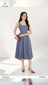 [Voucher 15% MOV 199K cap 100K Đầm dáng xòe HeraDG thiết kế kiểu sát nách trần chỉ phối cúc giả jean chất tuytsi cao cấp SDPBD2093