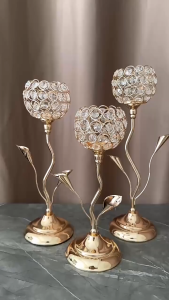 3PCS Gold Plated Crystal Candle Holder Metal Candlestick Stand for Home Decor Dining Room Table Centerpiece