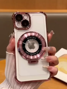 Luxury Plating Airbag Magnetic Bracket Clear Phone Case for Iphone 15 Pro Max 11 12 13 14 Transparent Casing Shockproof Back Cover with Lens Film