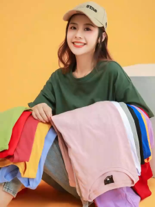 Versi Korea T-shirt Warna Solid Sederhana Lengan Lima Titik Pria & Wanita Atasan Lengan Pendek Pasangan