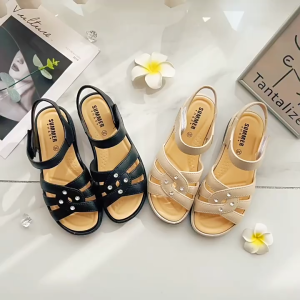 PVC minimalist round toe Velcro with a straight line strap medium heel sandals womens shoes