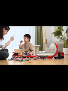 Đồ chơi xe tải container cỡ lớn biến hình đường đua lộn nhào dài 1m3 kèm nhiều ô tô hợp kim có đèn nhạc vui nhộn cho bé