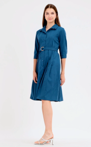 Krizia Premium Cotton Button Down vertical Pleats Midi Shirt Dress Ring Belt
