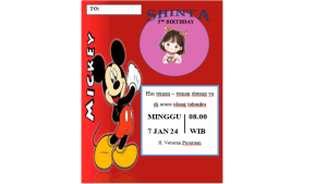 Paket Undangan 25pcs Ulang Tahun Karakter Mickey Mouse Cetak Satu Sisi