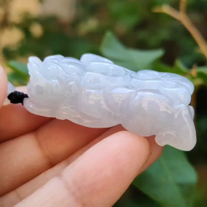 Light Lavender Natural Type A Jadeite Pendant carved as Pixiu with ruyi symbols of Joy and good luck certificate included weigh 26.95 grams 45.8 * 23.8 * 12.8 mm suitable for daily wear boosting your luck (pendant75)