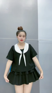 Set bộ nữ thời trang áo sơ mi tay ngắn kiểu thủy thủ kèm chân váy dập ly 2 tầng có lót trong Bigsize  50-95kg - SET834
