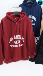 Hoodie Half Zipper Los Angeles - Size L - XL - XXL - Bahan Fleece - Oversize - Baju Wanita Big Size