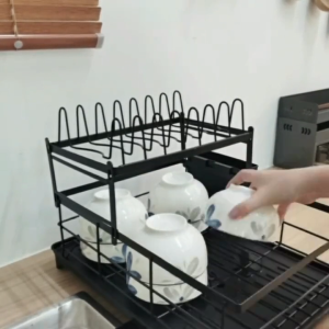 COD New 2 Tier Dish Drying Rack Dish Drainer With Drip Tray Stainless Kitchen Organizer Tableware Shelf Drainer Carbon Steel Storage Holder