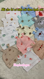 Mũ bé sơ sinh phối tai gấu Vải thun lạnh Peptit siêu mềm mịn mát 0-3 Tháng - Nón sơ sinh bé trai bé gái