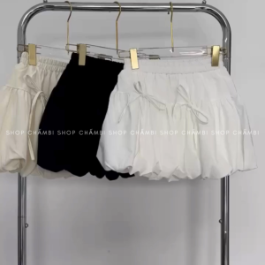 Chân váy ngắn CV.040 Chân váy nữ dáng ngắn form bí ngô cạp chun co dãn phối 2 nơ phong cách dễ thương - Shop Chấm Bi