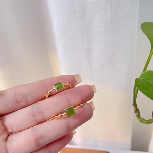 Saudi gold 18k pawnable legit pure gold Bamboo square and Tian Bi jade ring with adjustable opening for women