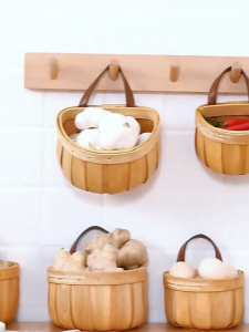 Kitchen Style Decorative Sundries Basket Hanging Retro Wall Storage Organizer Hand Woven Organizing With Leather Handle Wood For Garlic Ginger Brush Utensils School Supplies Accessories Bedroom Kitchen Bathroom Wooden Bag