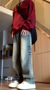 Retro Denim Jeans Mud yellow distressed vintage ripped jeans man and woman loose long wide-leg pants