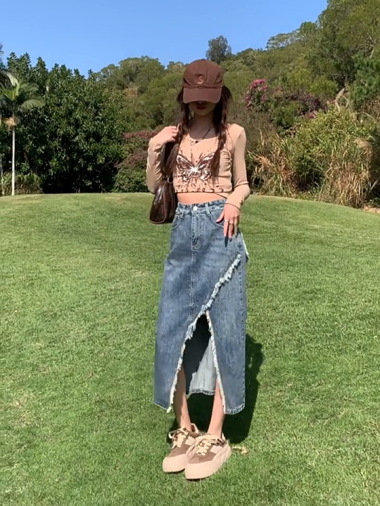 Plus Size~Long skirt mango women MIDI korean blue denim jeans skirt Washed  Side slit Denim High Waist Long A-line fishtail office fashion NEW 2025 HOT 