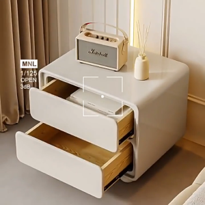 Cutiehaus Bedside Table Drawer Solid Wood Leather Side Table Bedroom Bedside Cabinet Meja Sisi Katil