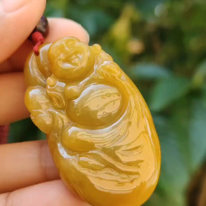 Full Yellow Old Mine Natural Type A Jadeite pendant carved with Laughing Buddha represents Tolerance and wisdom humor happy spirit come with certificate weight 35.13 grams 49.30 * 27.90 * 14.30 mm suitable for daily wear on all occasions (pendant96)