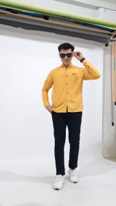 GDISTRO Kemeja pria polos lengan panjang warna kuning mustard