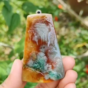 Very Rare Green Red and Yellow Natural Type A Jadeite Jade Pendant Necklace with Sceneries certificate included weigh 29.84 grams measurement 61.6 * 39.7 * 5.8 mm (pendant183)