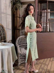 daidai (Ready Stock) Women Green Mandarin Collar Floral Cheongsam CNY Traditional Dress Female Qipao 复古民国改良青绿色旗袍夏季气质少女
