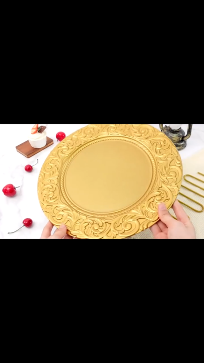 Gold Charger Plates Set 13 Inch Round Charger Plate Bulk Plastic Charger for Dinner Wedding Party Event Table Setting Decoration Plates With Engraved Baroque Design Rim Antique Plate Chargers for Dinner Plates Dinner Chargers