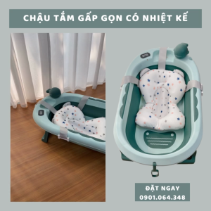 Chậu tắm gấp gọn trẻ em silicon cỡ lớn có nhiệt kế 9BABY màu xanh lá