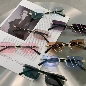 Kacamata Hitam Tanpa Bingkai Gradien Unik Vintage Rektangular Wanita Pria