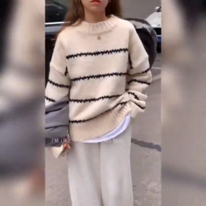 Kaus Bergaris Longgar Gaya Korea Baru Sweter Rajutan Lengan Panjang Wanita