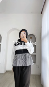 MONO TOP - FLOTTILICIOUS / Kemeja 2 tone casual / Katun Salur Stripe / Baju Murah / Casual Outfit Cewek Kekinian Hits Atasan Wanita Panjang