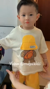 Setelan Anak Motif Lucu Usia 1-5 Tahun Kaos Dan Bahan Knit Gambar Bear Bertopi