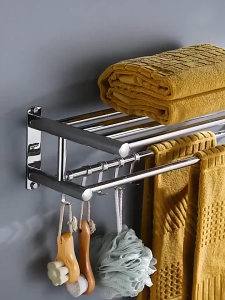 BEST SELLER - Storage Racks Organizer Bathroom Shelf Organizer Stainless Steel Towel Rack Punch-free Shower room Shelf With Hooks And Adjustable Bar Carbon Steel Bathroom Shelves Rust Proof Stand Paste Installation Wall Mounted Washroom Accessories Set