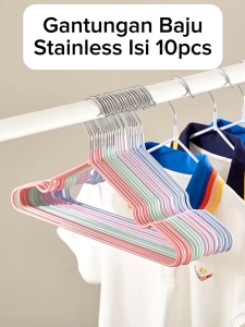 Hanger Baju Stainlees Steel 10pcs / Gantungan Pakaian Anti Karat Lapisi Plastik Ukuran Dewasa Anak Anak isi 10 / Clothes Hanger / Cantolan Jemur Pakaian Kawat SNI Tidak Membekas Karat Pada Baju -HOMIA