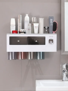 Rak dispenser odol tempat sikat gigibotol sabun dilengkapi dengan  2 gelas - 2 Cups Rak dinding multi