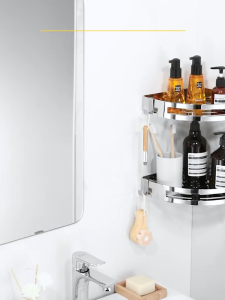 BEST SELLER - 304 Perforated bathroom square triangular storage rack with hook self draining corner storage rack black silver shower room rack