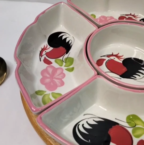 จานเซรามิค จานออเดิร์ฟ 5 ช่อง ขนาด 11.5นิ้ว จานออเดิร์ฟเซรามิค พร้อมถาดไม้ จานหลุุมสวยๆ สวยงาม ทนทาน เข้าไมโครเวฟได้