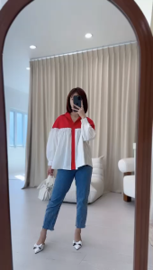 NANDO ATASAN KEMEJA WANITA CANTIK BAHAN KATUN POPLIN LENGAN BALON PANJANG MERAH PUTIH KOREA