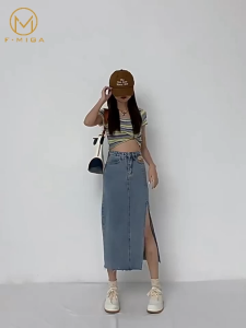 F·MIGA C125 Korean High Waist A-Line 3/4 Denim Rok Jeans Midi Wanita - Biru