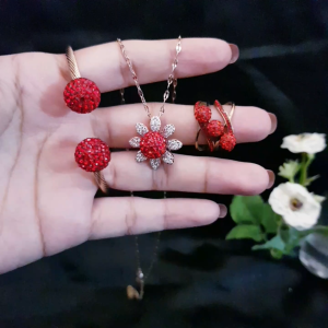 Set Perhiasan Titanium Wanita Rosegold Permata Merah Xds32