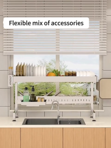 ICIC 304 Stainless Steel Dish Rack Adjustable Sink Rack Multi-functional Plate Drying Storage Kitchen Organizer