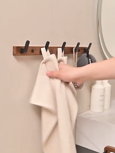 Walnut Wood Wall Hook Rack – 45cm with Aluminum Hangers | No Drill Coat & Towel Hanger for Entryway Bedroom & Bath