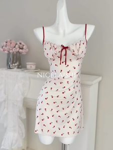 BABY FACE ชุดนอน ชุดเดรส ชุดสายเดี่ยว 🍫 ประดับโบว์ ลายดอกไม้น่ารักมีบราฟองน้ำ BF-681