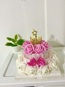เค้กใส่ธนบัตร กุหลาบชมพูแถมป้าย พร้อมกล่องผูกโบว์ ไฟLed