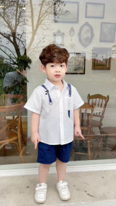 Set bộ sơ mi họa tiết gấu trúc cho bé trai kèm quần short jean size 1 đến 7 tuổi BERNIE 0124B17