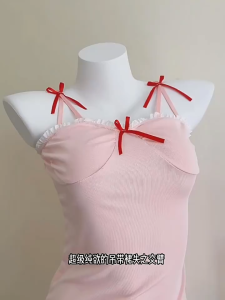 ชุดนอนลูกไม้เซ็กซี่ ชุดเดรสเอี๊ยมแบบเรียบง่าย สั้น backless ตกแต่งโบว์ สวมใส่สบาย.