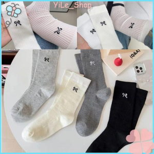 【COD จัดส่งจากไทย ซื้อ4แถม1】INS ถุงเท้าข้อยาว ปักโบว์ สไตล์เกาหลี นุ่มสบาย🦋🦋