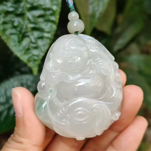 Crafted with Budai Laughing Buddha Elephant and Ruyi Premium Semi Icy Natural Type A Jadeite with green patches Pendant Necklace with certificate weigh 45.38 grams 50.5 * 44 * 12.3 mm (pendant160)