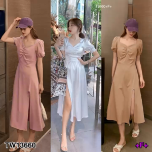 P13660 เดรสคอเหลี่ยมแขนดอลลี่กระโปรงผ่าสูง Dolly Sleeve Square Neck Dress high slit skirt