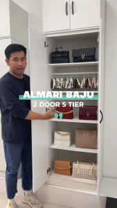 FINSSO (2 In 1) 2 Door 5 Tier Bedroom Concept Wooden Wardrobe Cabinet / Kabinet Almari / 2 Door 5 Tier Wardrobe  / 1 hanging bar / adjustable compartment